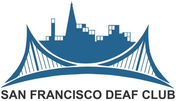 A blue logo featuring a stylized suspension bridge with a city skyline above it. “SAN FRANCISCO DEAF CLUB” is written below in bold capital letters.