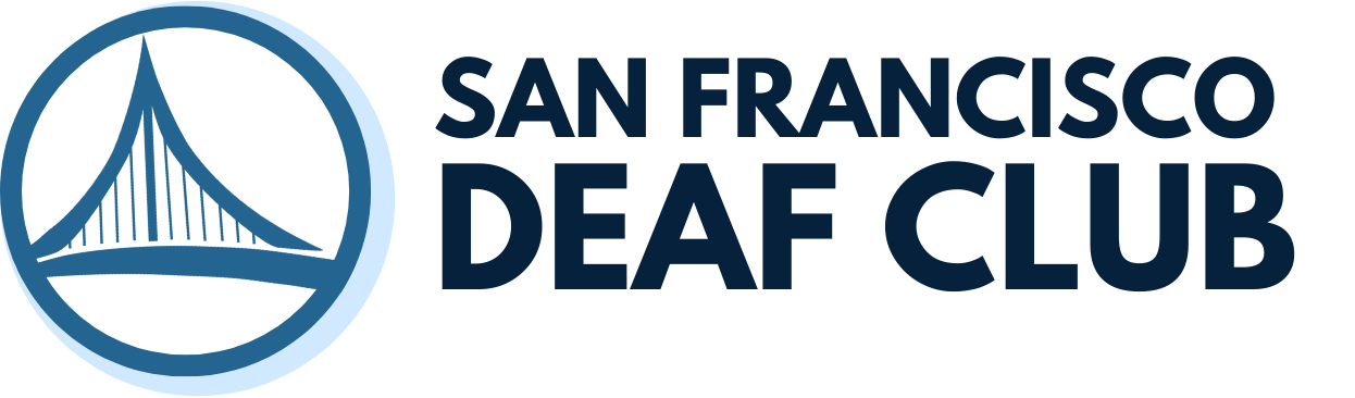 A blue and white logo for the “San Francisco Deaf Club,” featuring a circular bridge emblem to the left of the text.