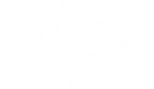 A white version of the “San Francisco Deaf Club” logo, featuring a bridge and city skyline.